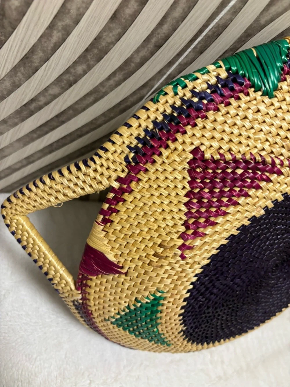 African hand woven colorful wall basket with handles